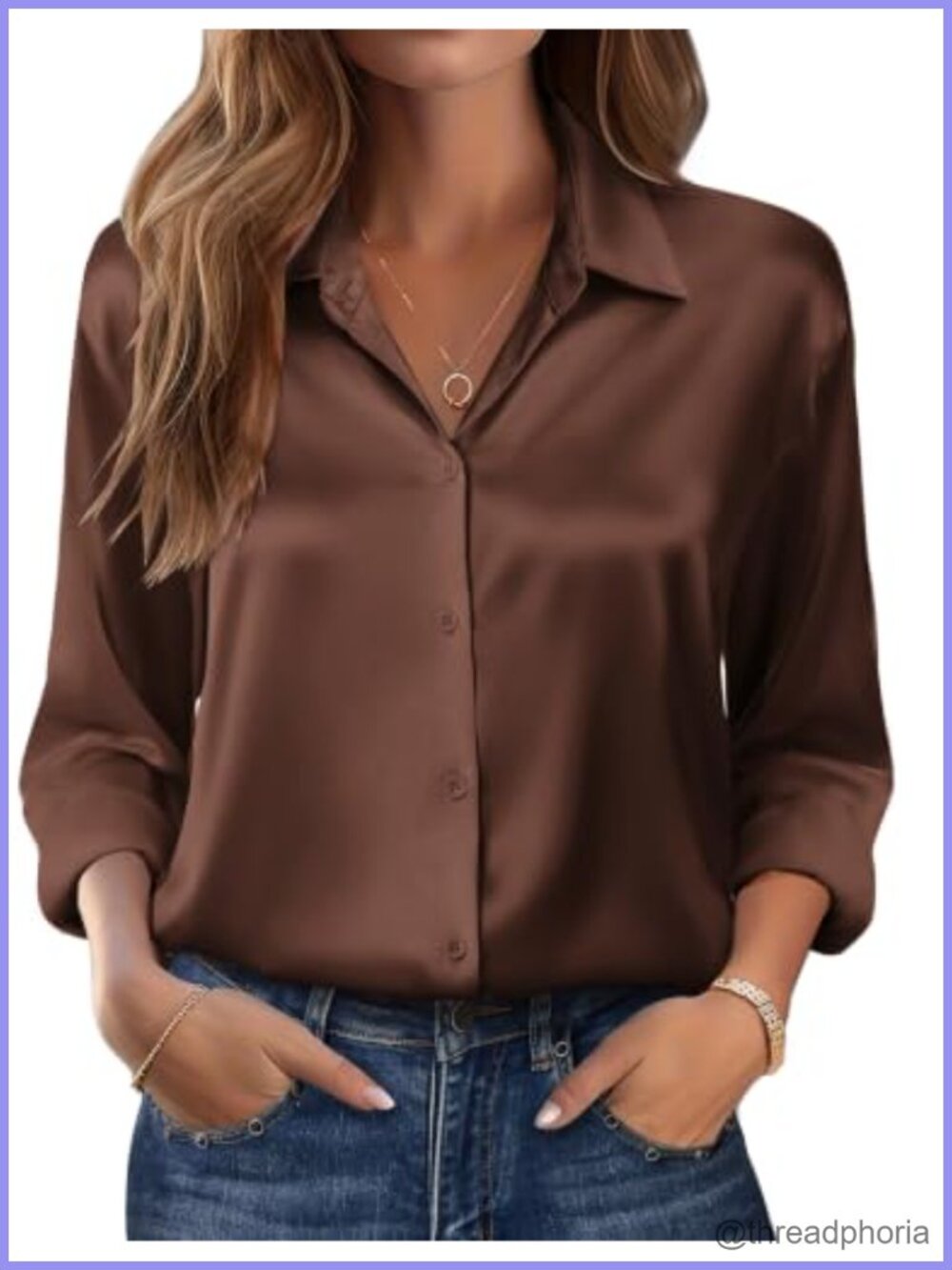 Satin Silk Button Down Blouse V-Neck Long Sleeve Office Work Tunic